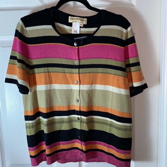 Norm Thompson Sweaters - Norm Thompson Cardigan 2 piece Stripped Color  Block Sweater Set Short Sleeves